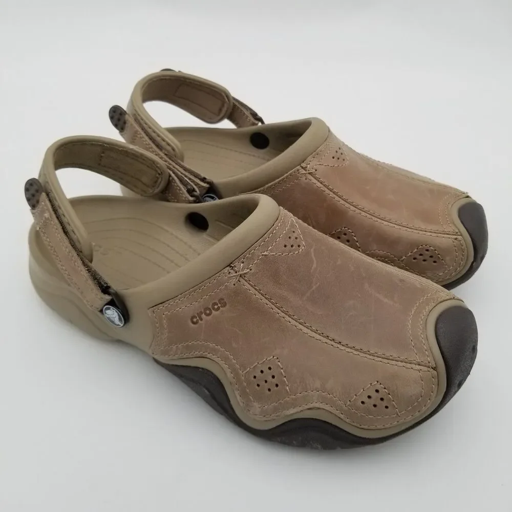 CROCS Swiftwater Light Brown Leather Adjustable Strap Slip On Clogs Mens Size 9